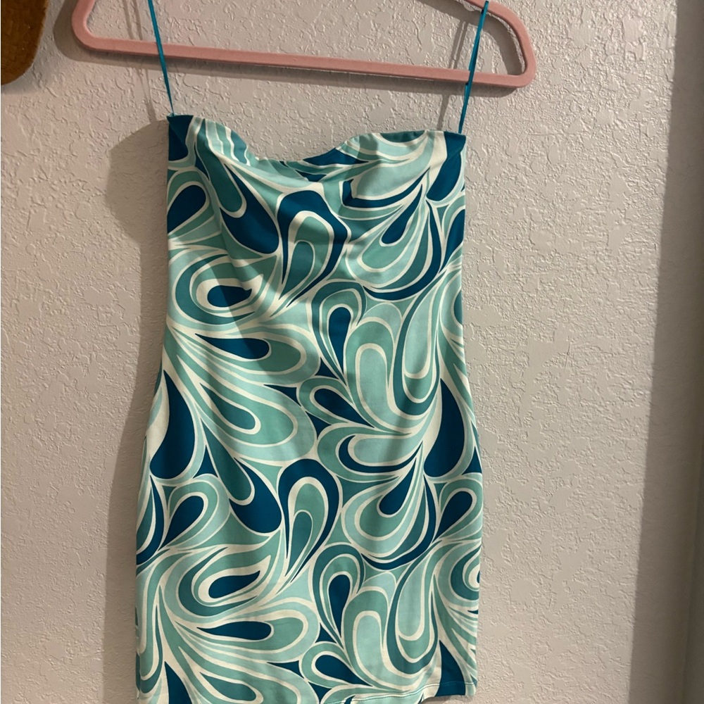 Garage Teal and White Patterned Mini Dress